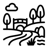 Symboliczna ikona przedstawiająca krajobraz z meandrującym ciekiem wodnym – budowa i modernizacja koryta rzeki lub kanału