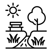 Symboliczna ikona przedstawiająca teren rekreacyjny z drzewem, ławką, roślinnością i słońcem – koszenie na terenach wypoczynkowych