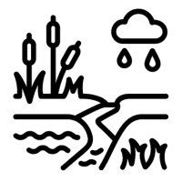 Symboliczna ikona przedstawiająca teren podmokły z systemem odwodnienia – uproszczony krajobraz z wodą, gruntem i odpływem