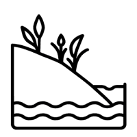 Symboliczna ikona w perspektywie 3D przedstawiająca linię brzegową zbiornika z roślinnością – pielęgnacja strefy brzegowej