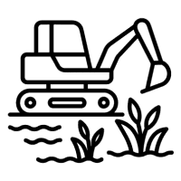 Ikona przedstawiająca pojazd transportowy przemieszczający się przez teren podmokły z kępami roślinności – transport na bagna i torfowiska.