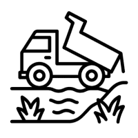 Ikona pokazująca wywrotkę przewożącą materiał przez grząski, nieregularny teren – wywóz urobku z niedostępnych lokalizacji.