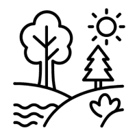 Symboliczna ikona przedstawiająca przyrodniczy krajobraz z roślinnością i odbudowaną strukturą terenu – rekultywacja środowiska naturalnego